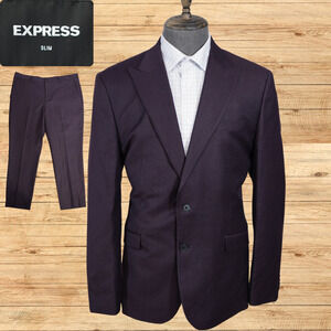 Express Mens 44R Slim Fit Suit Purple Plum Wool Stretch 2 Piece Peak Lapel